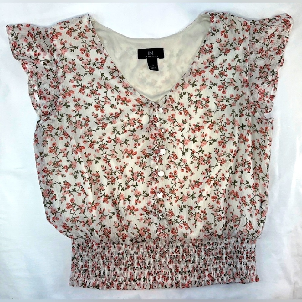 I.N San Francisco Floral Flower Short Sleeve Shirt Blouse Top